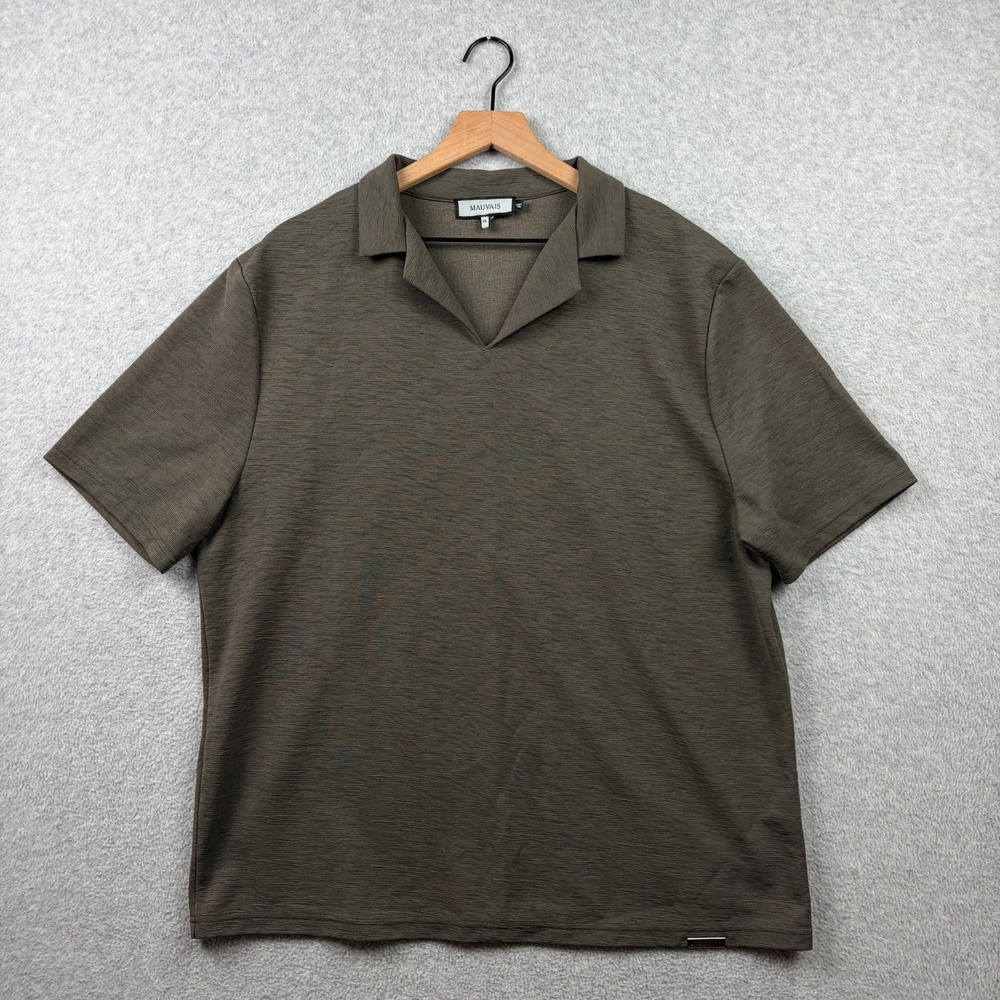 Mauvais Polo Shirt Men XL Olive Brown Textured Johnny Collar Resort Boxy Minimal